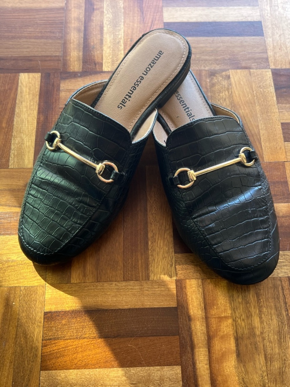 Lightly Worn - Black Croc-Embossed Slip-On Mules with Gold Bit Hardware